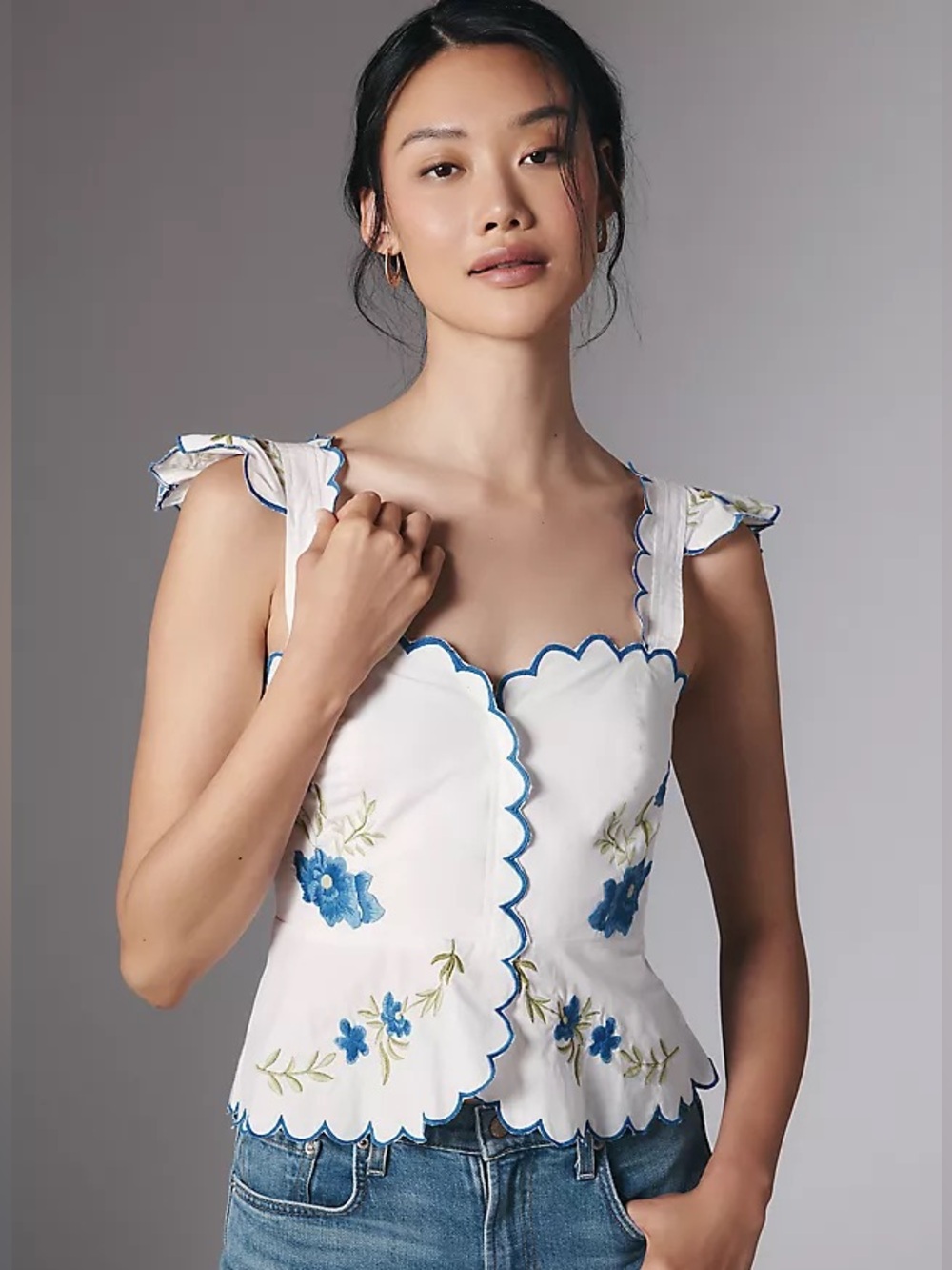 Maeve Ruffle strap scallop tea towel peplum top - Anthropologie